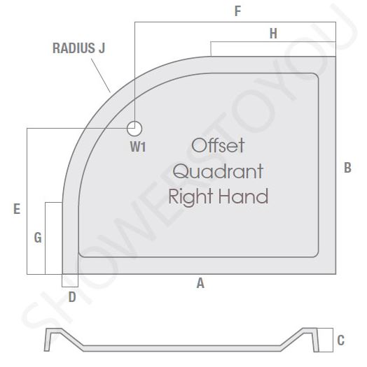 1000 x 800 Offset Quadrant Right Hand Shower Tray Durastone