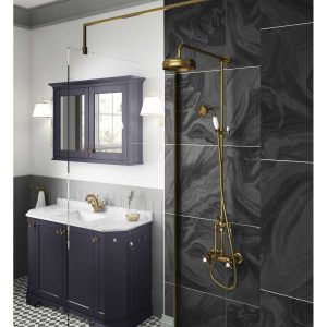 Hudson Reed and Old London Twilight Blue and Brushed Brass Bathrooms