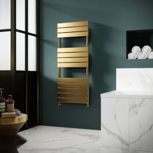 Nuie Piazza Square 1213 x 500mm Flat Brushed Brass Towel Radiator