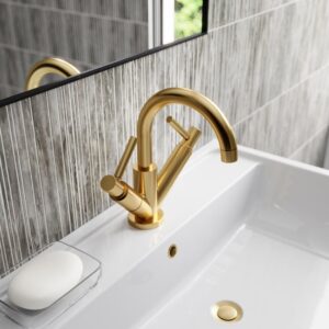 Hudson Reed Tec Lever Brushed Brass Mono Basin Mixer in a Bathroom