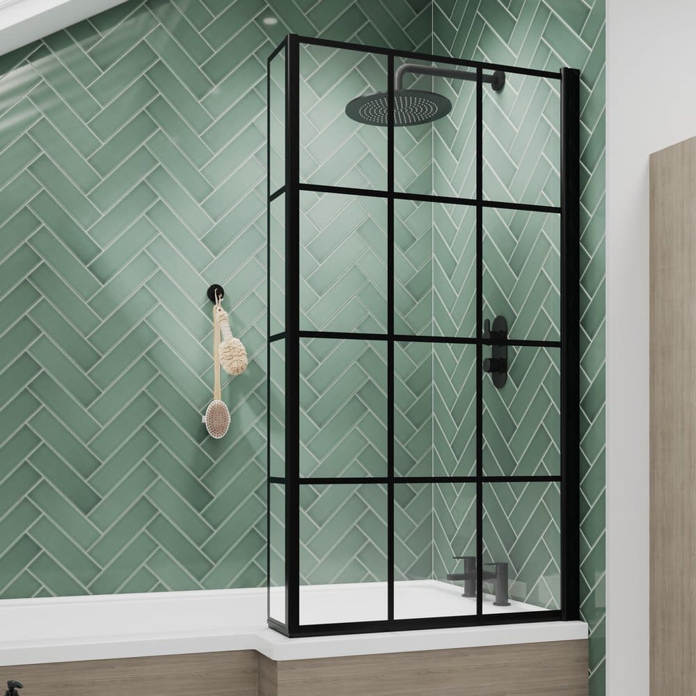 Nuie Pacific Satin Black Square Framed Hinged Bath Screen