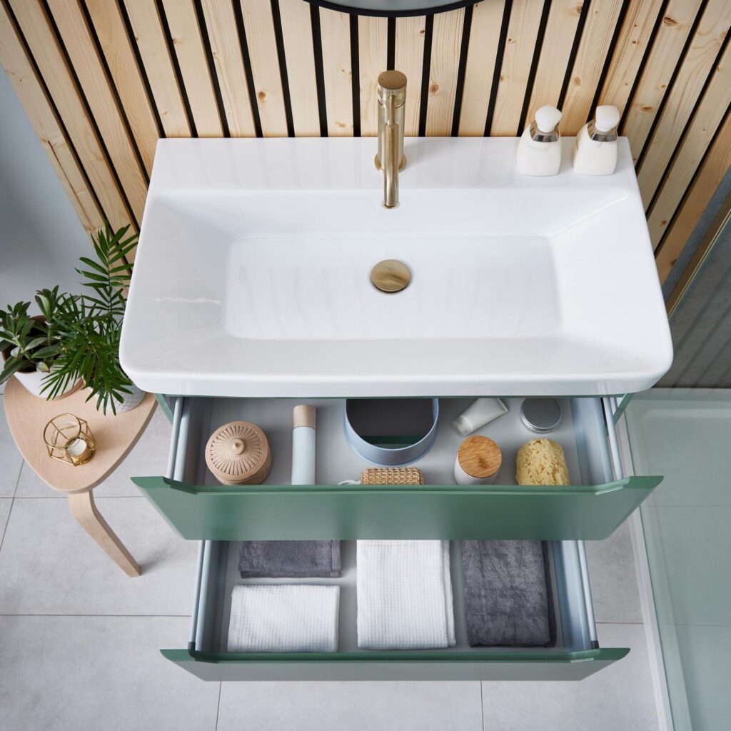 ELLA-800FLOORUNIT-GREEN Scudo Ella 800mm Floor Mounted Vanity Unit with Basin in Matt Sage Green