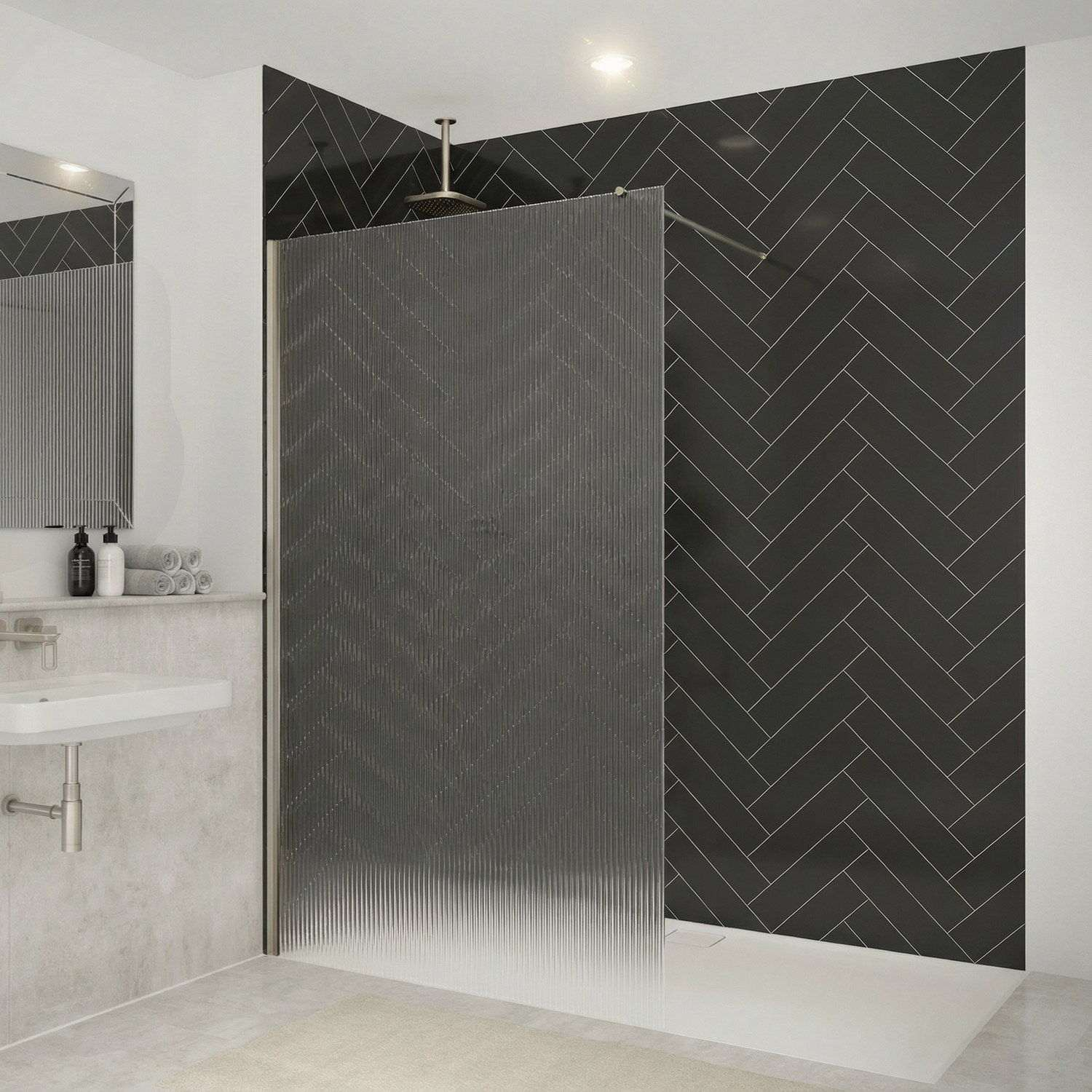 Merlyn 700mm Brushed Nickel 8mm Fluted Wetroom Panel