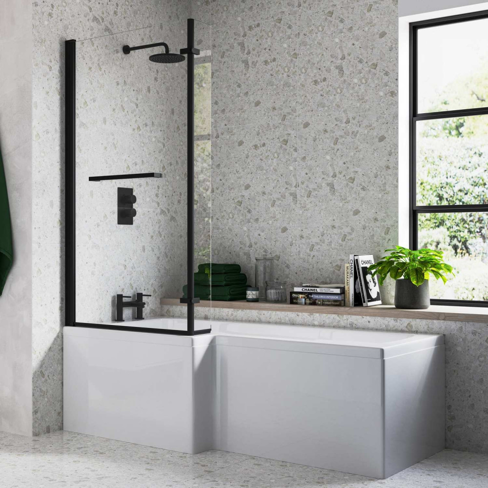 Ajax Armthorpe 1700 x 850mm Left Hand L Shaped Supercast Shower Bath with Matt Black Screen