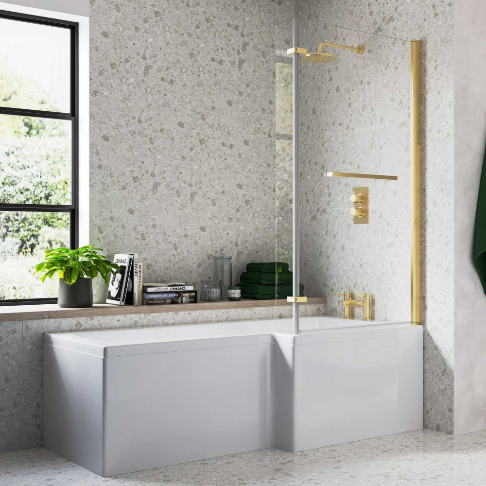 Ajax Armthorpe 1700 x 850mm Right Hand L Shaped Shower Bath with Brushed Brass Screen