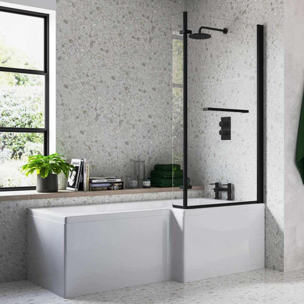 Ajax Armthorpe 1700 x 850mm Right Hand L Shaped Shower Bath with Matt Black Screen