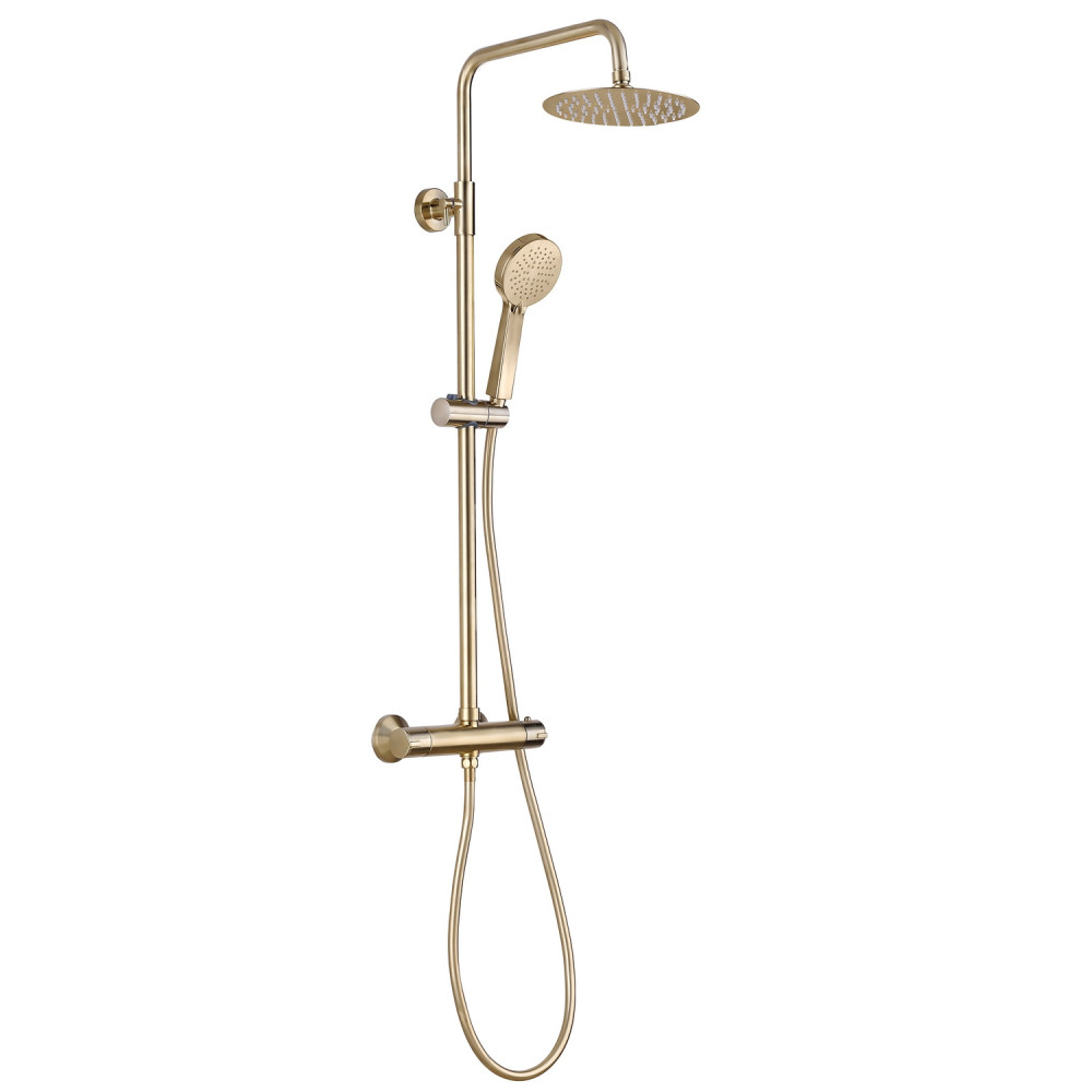 Ajax Brushed Brass Round Thermostatic Bar Mixer Shower with Riser Kit