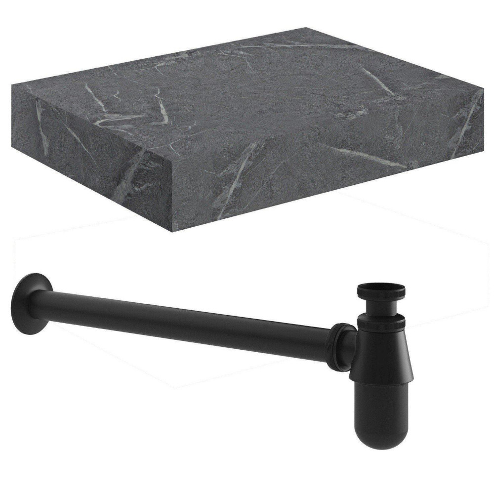 Ajax Kelsey Wall Hung 600mm Grey Marble Basin Shelf and Black Bottle Trap