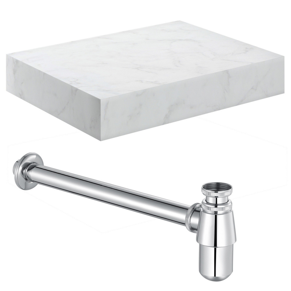 Ajax Kelsey Wall Hung 600mm White Marble Basin Shelf and Chrome Bottle Trap