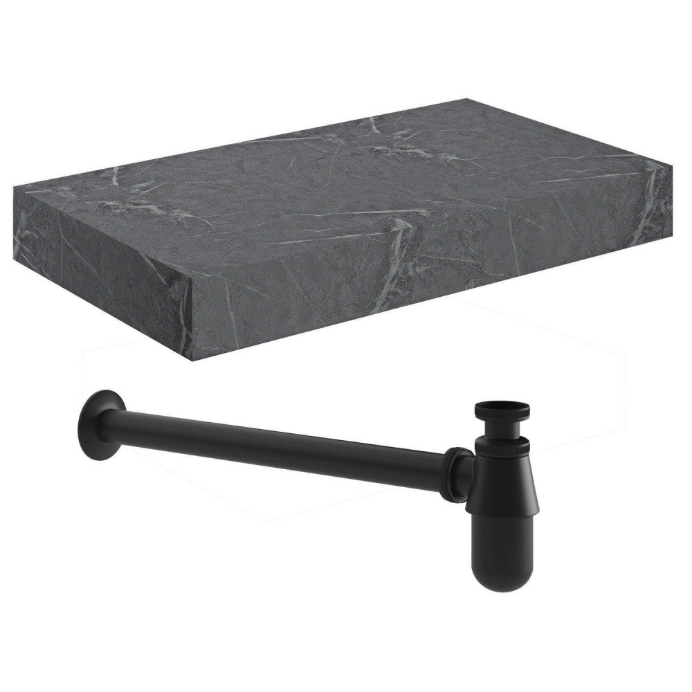 Ajax Kelsey Wall Hung 800mm Grey Marble Basin Shelf and Black Bottle Trap