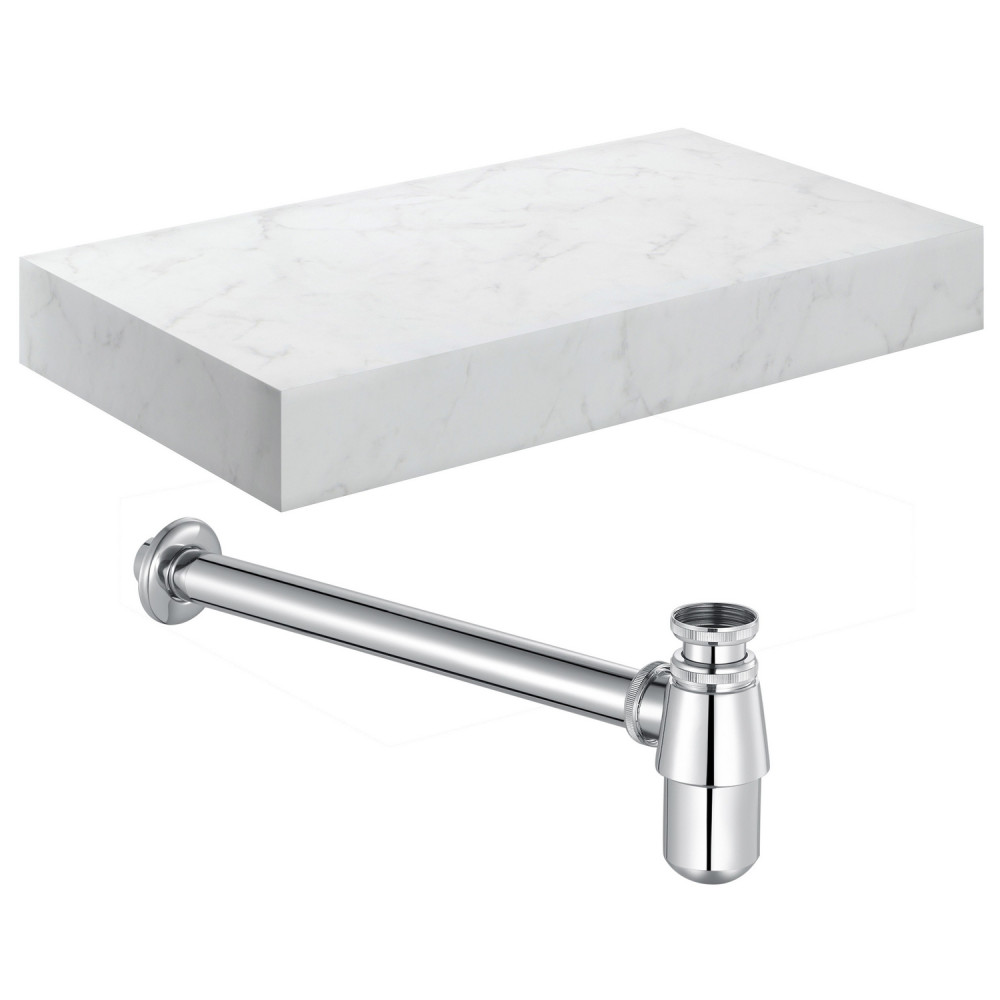Ajax Kelsey Wall Hung 800mm White Marble Basin Shelf and Chrome Bottle Trap