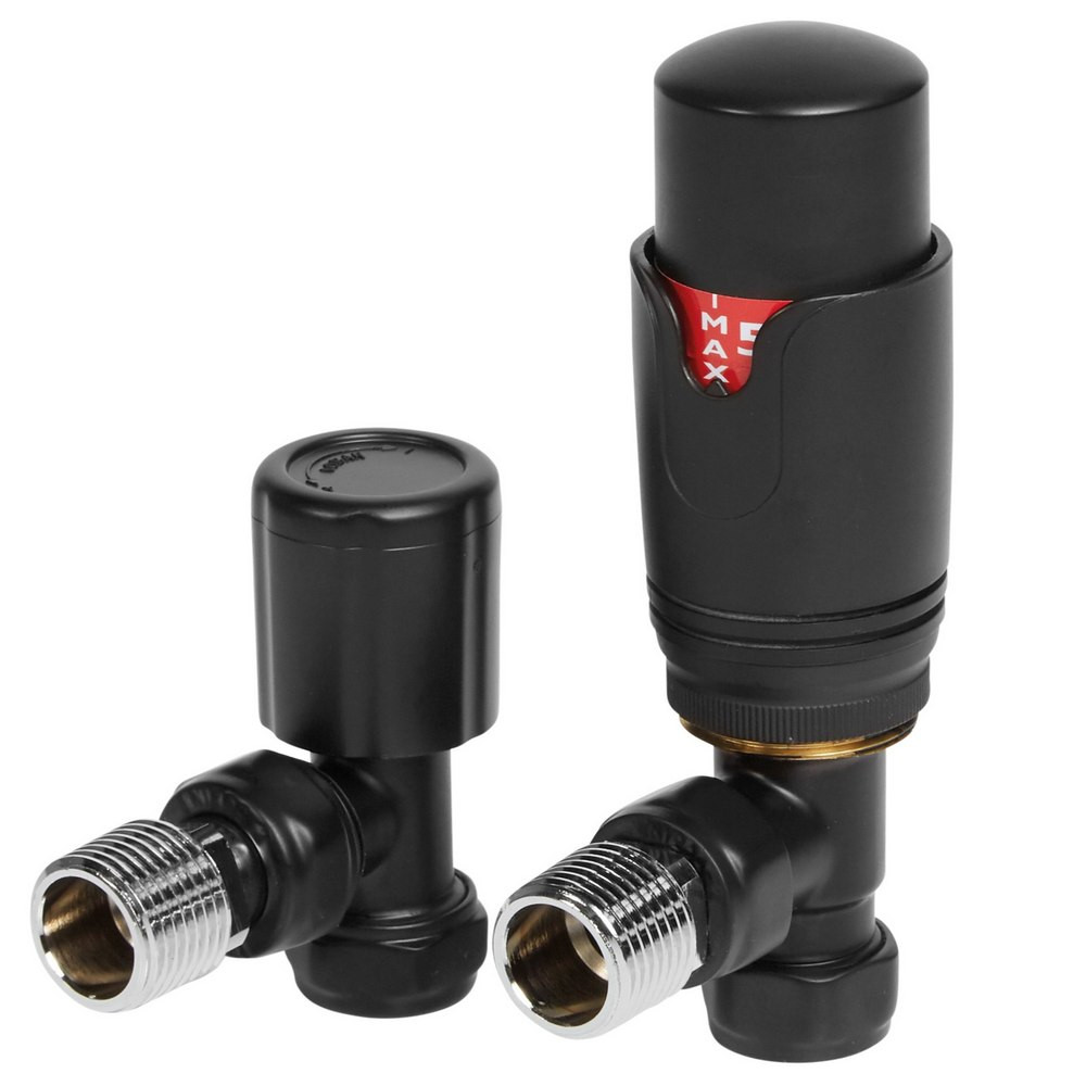 Ajax Round Matt Black Angled Thermostatic Radiator Valves | Low Price