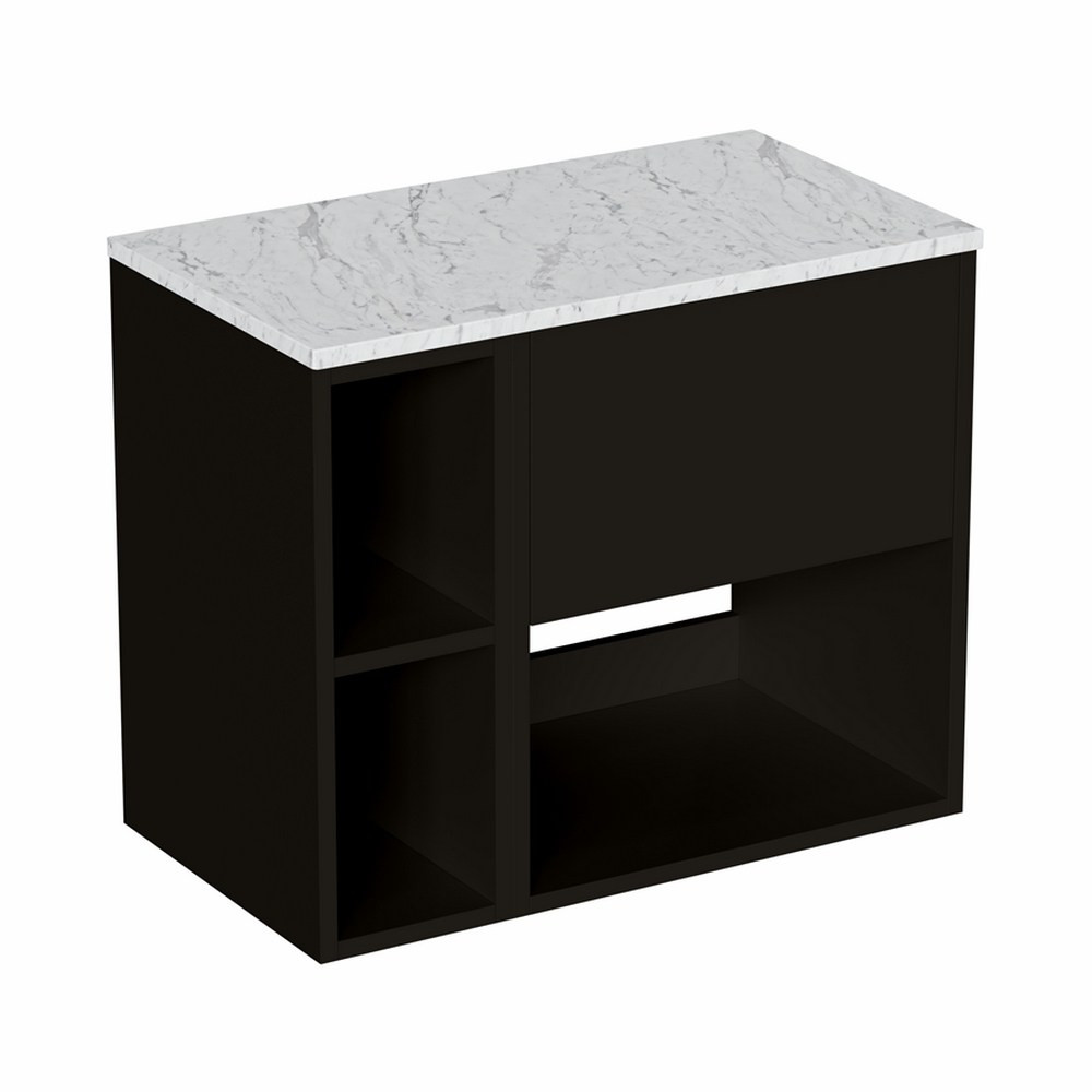 Britton Hackney Matt Black 700mm Wall Hung Vanity Unit with Worktop & Shelf Unit (1)