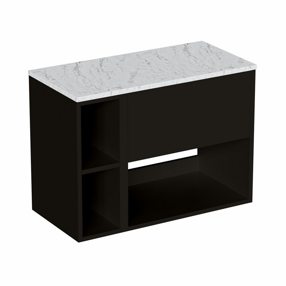 Britton Hackney Matt Black 800mm Wall Hung Vanity Unit with Worktop & Shelf Unit (1)