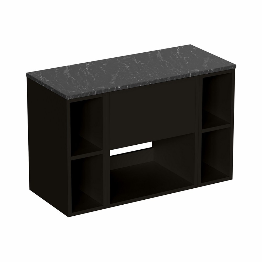 Britton Hackney Matt Black 900mm Wall Hung Vanity Unit with Worktop & Shelves