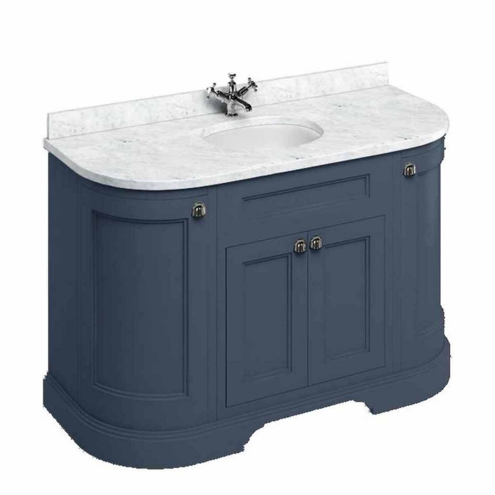 Burlington 1340mm Curved Vanity Unit in Blue with Doors & Minerva Carrara White Basin