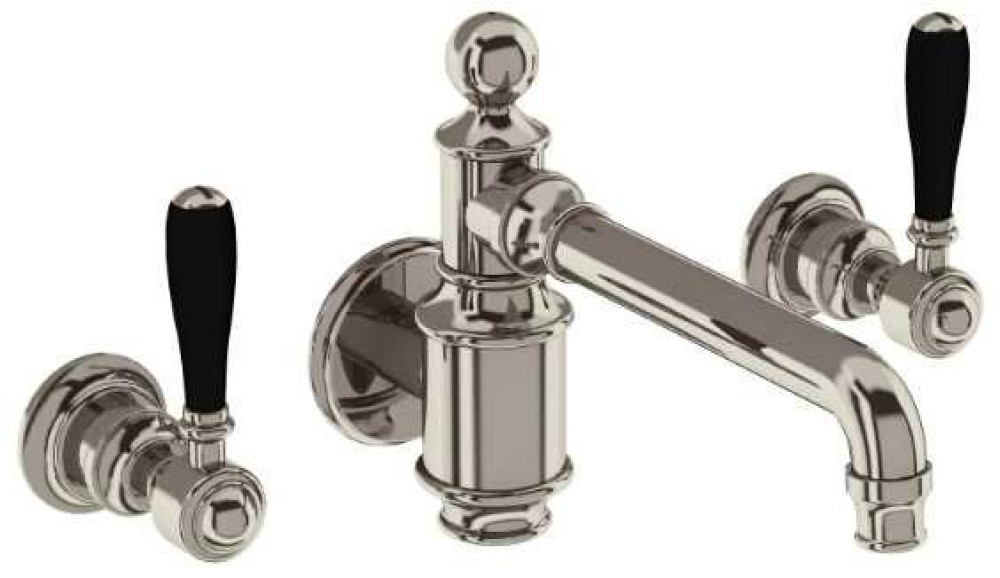 Burlington Arcade 3TH Basin Mixer (Nickel) without Pop-Up Waste - Wall Mounted - Black Lever