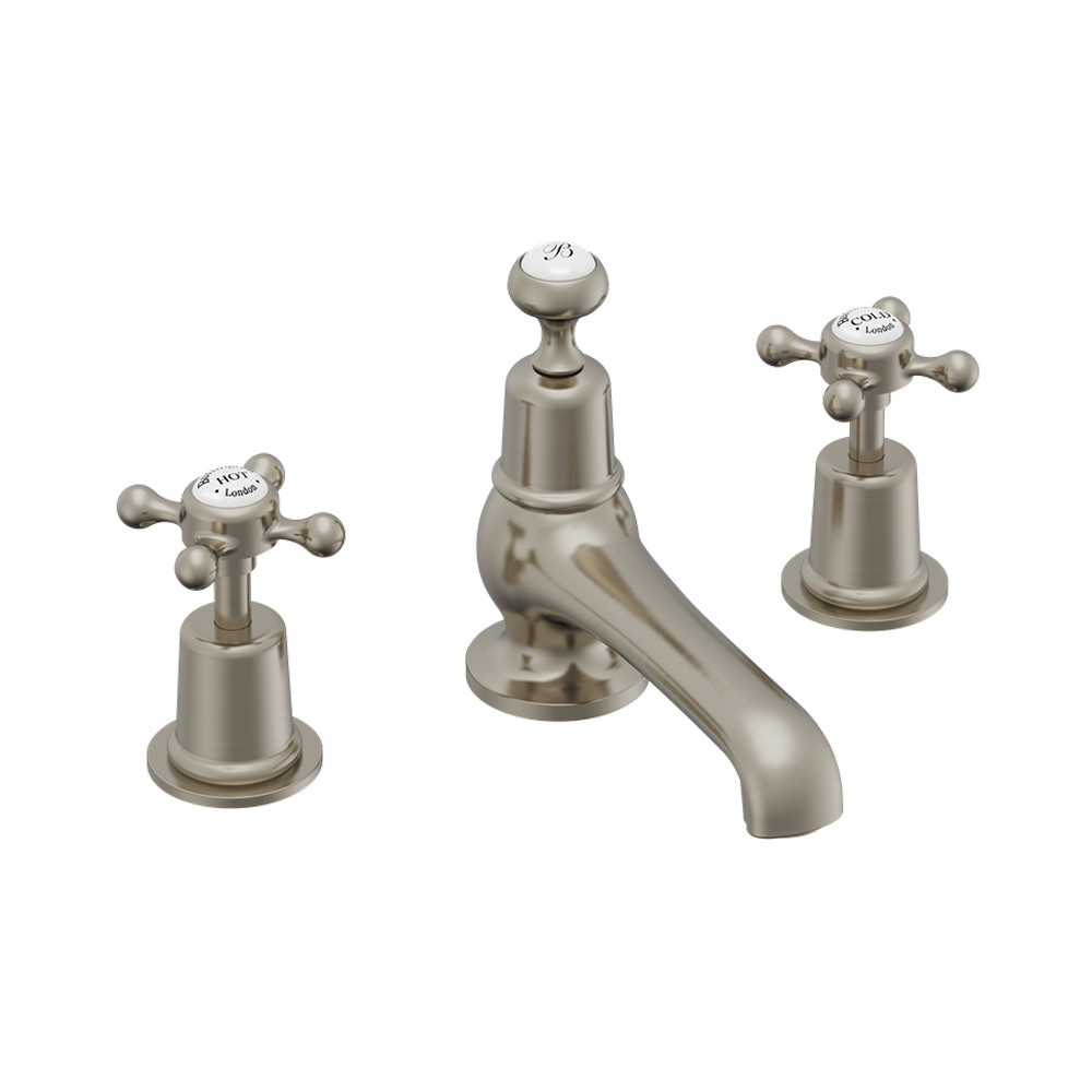 Burlington Claremont Brushed Nickel 3 Tap Hole Basin Mixer with Pop Up Waste