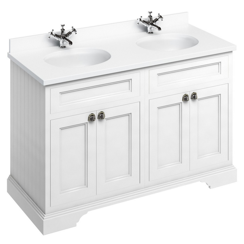 Burlington Freestanding 1300mm Matt White Vanity Unit with Doors and Double Basin