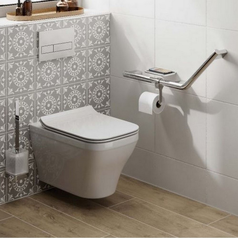 HIB Angled Grab Bar with Toilet Roll Holder and Shelf with Anti Slip Mat Right Handed