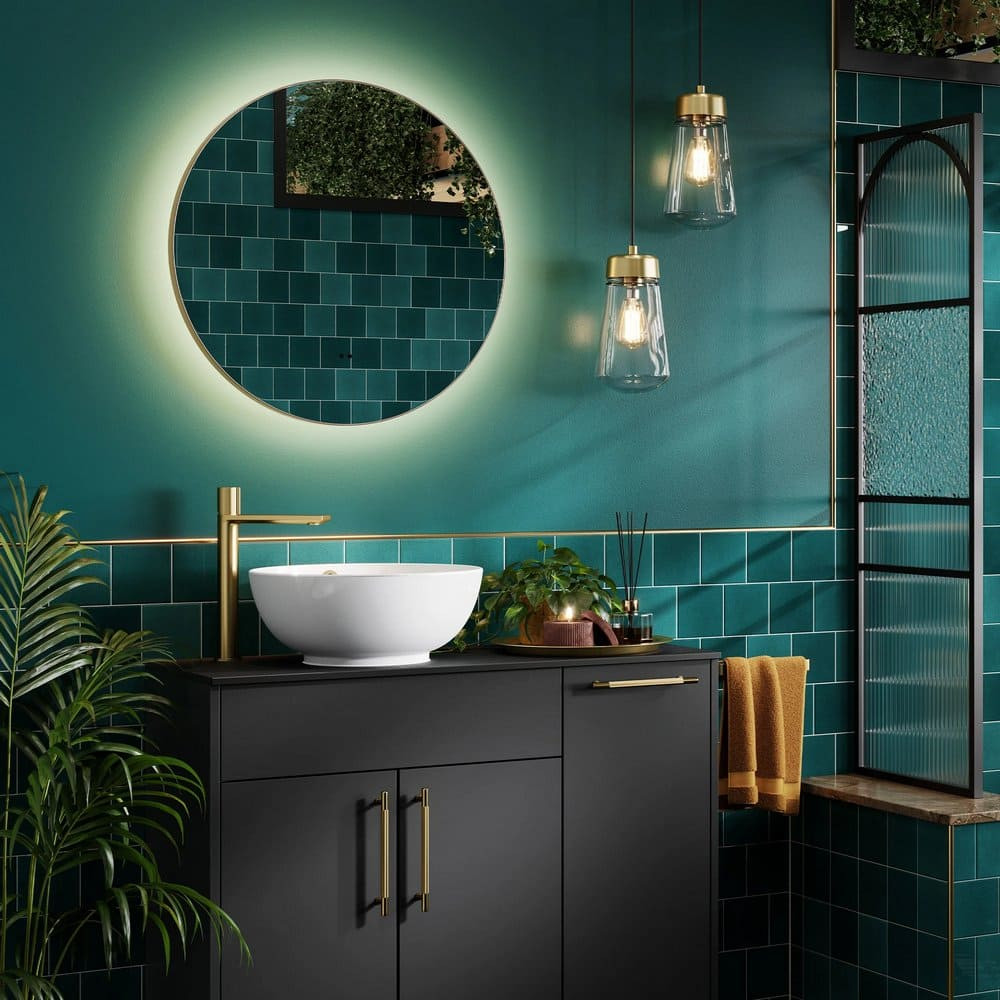 HIB Arcane Brushed Brass 80 Round Illuminated Frame Bathroom Mirror