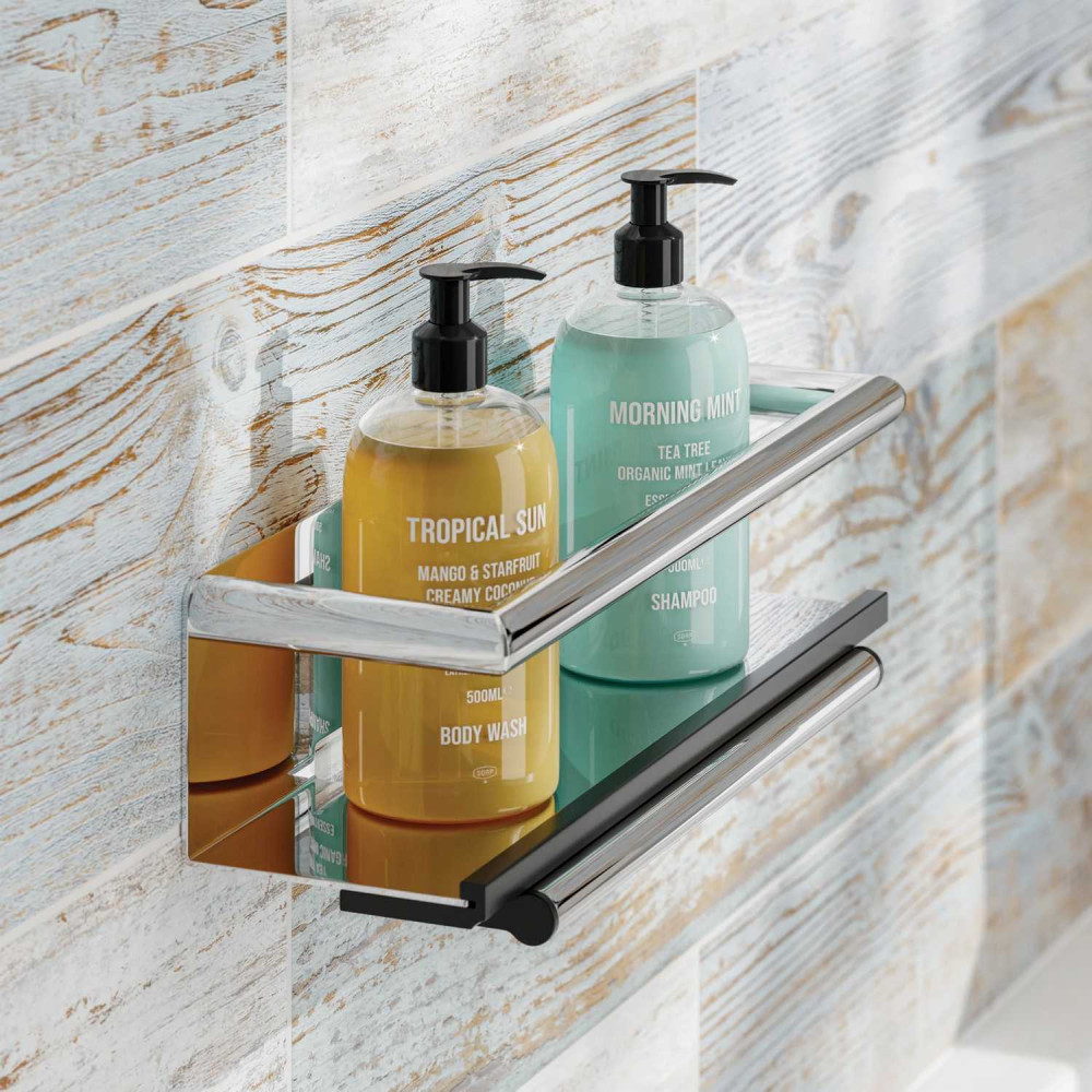 HIB Chrome Shower Basket with Grab Bar and Magnetic Squeegee