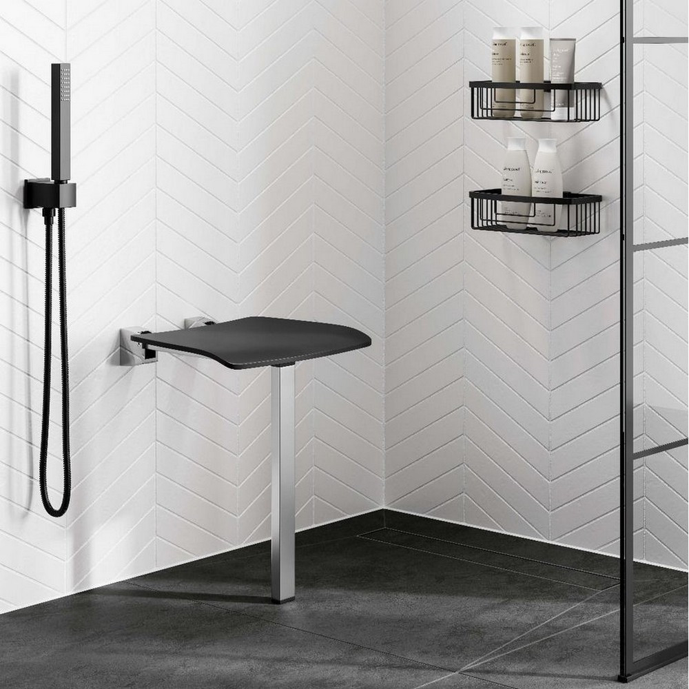 HIB Folding Dark Grey Shower Seat with Support Leg