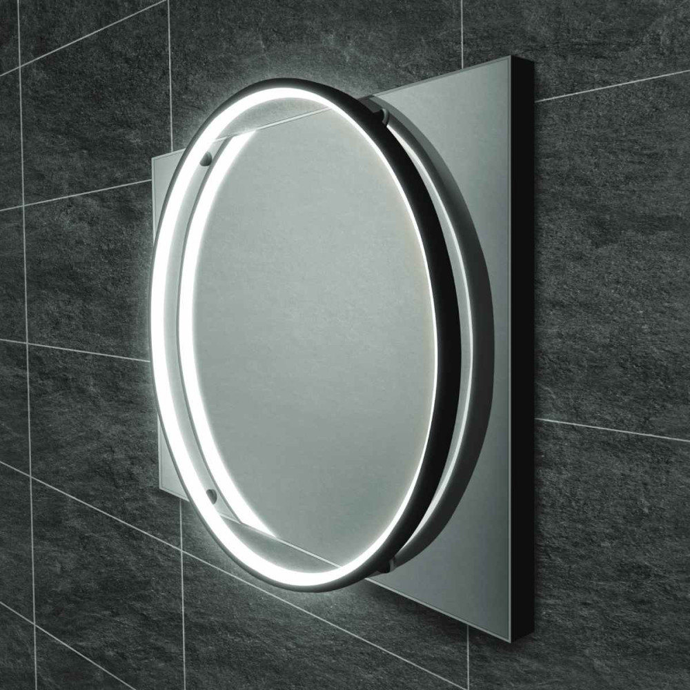 HIB Solas 50 LED Round Steam Free Black Frame Illuminated Mirror