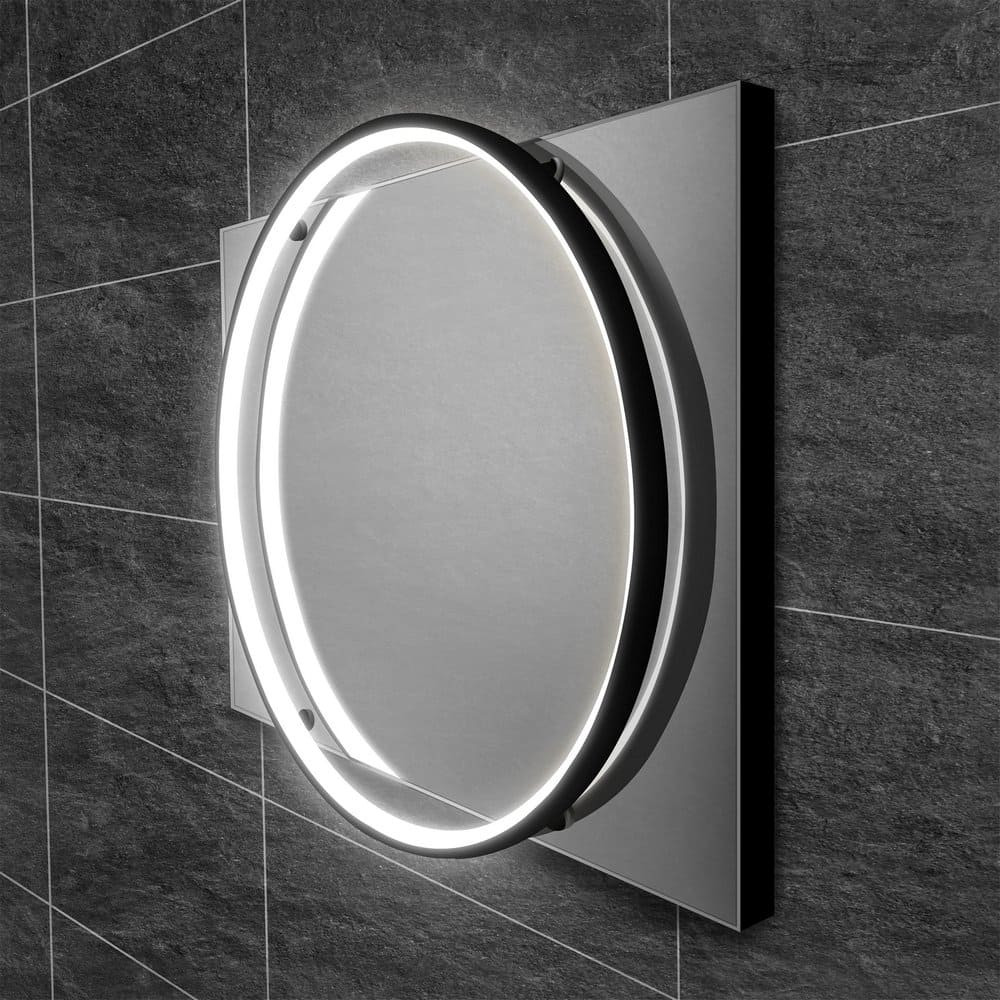 HIB Solas 60 LED Round Steam Free Black Frame Illuminated Mirror