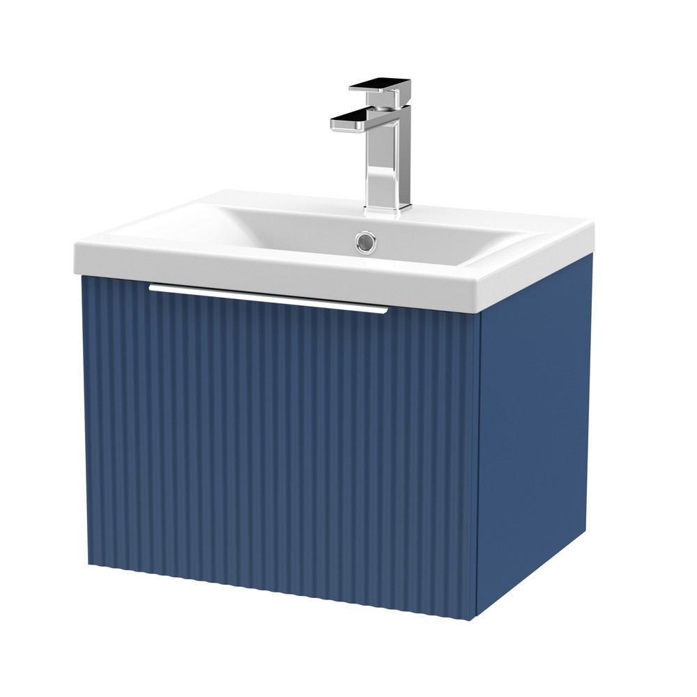 Hudson Reed Fluted Wall Hung One Drawer 500mm Cabinet and Basin Satin Blue