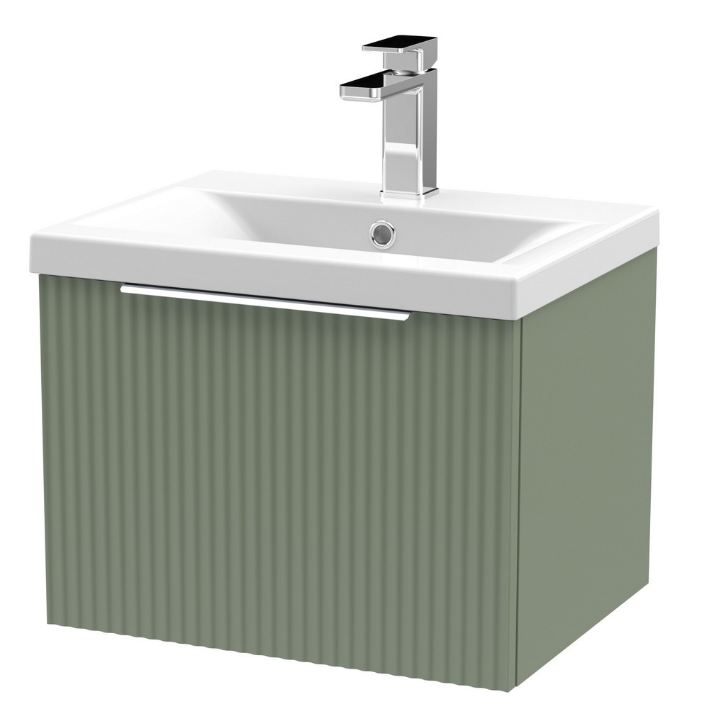 Hudson Reed Fluted Wall Hung One Drawer 500mm Cabinet and Basin Satin Green