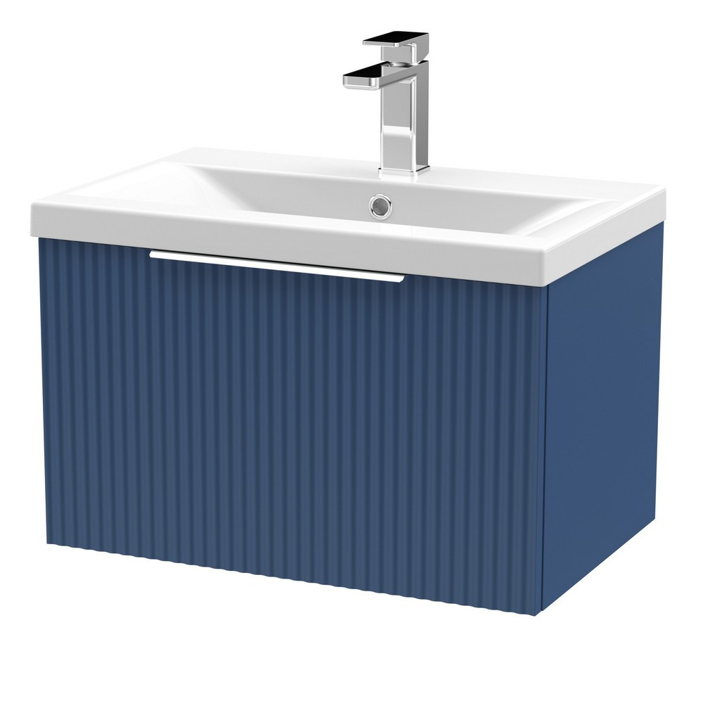 Hudson Reed Fluted Wall Hung One Drawer 600mm Cabinet and Basin Satin Blue