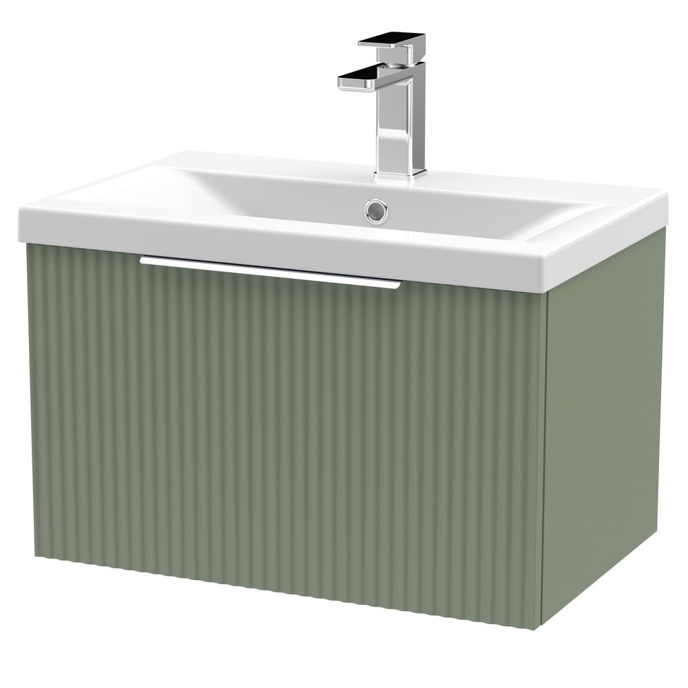 Hudson Reed Fluted Wall Hung One Drawer 600mm Cabinet and Basin Satin Green
