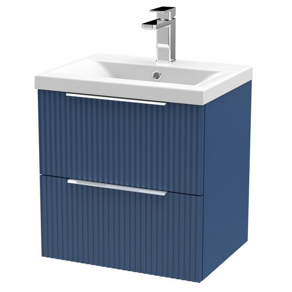 Hudson Reed Fluted Wall Hung Two Drawer 500mm Cabinet and Basin Satin Blue