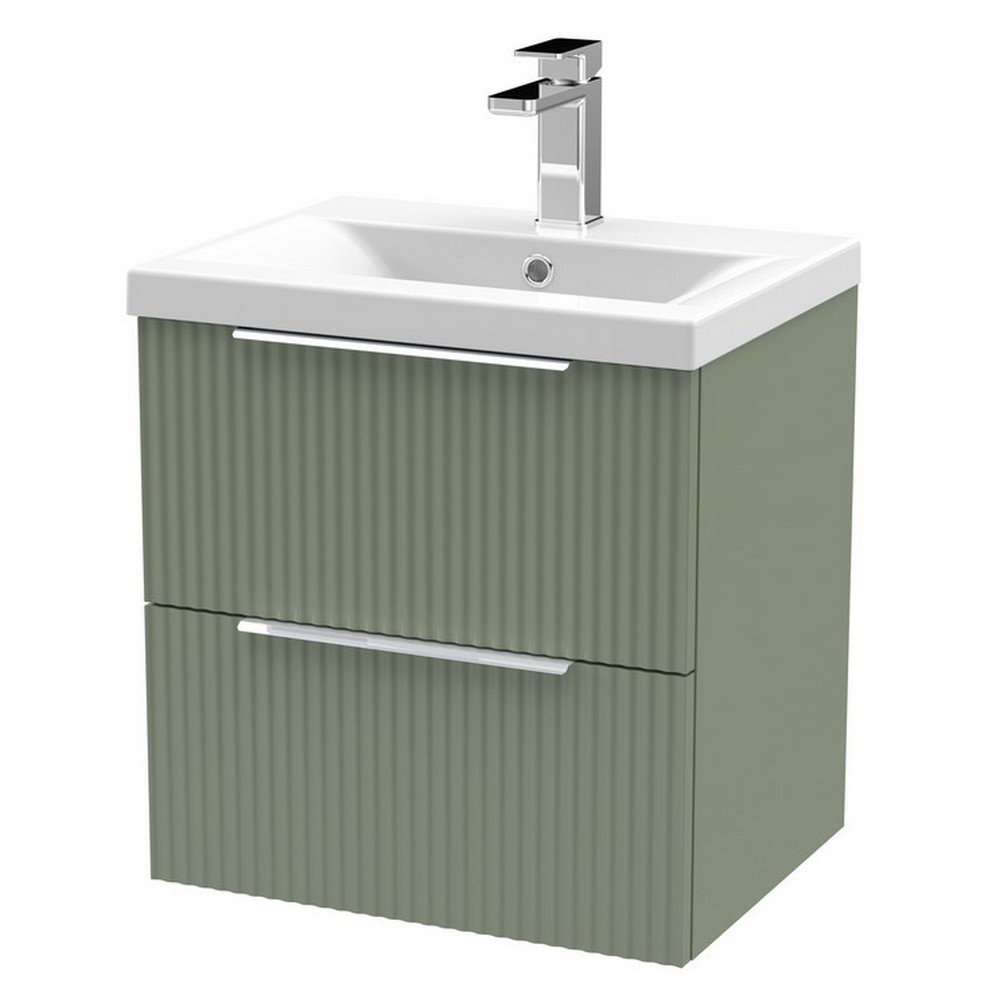 Hudson Reed Fluted Wall Hung Two Drawer 500mm Cabinet and Basin Satin Green