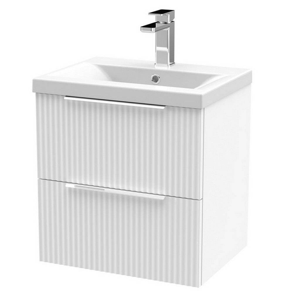 Hudson Reed Fluted Wall Hung Two Drawer 500mm Cabinet and Basin Satin White