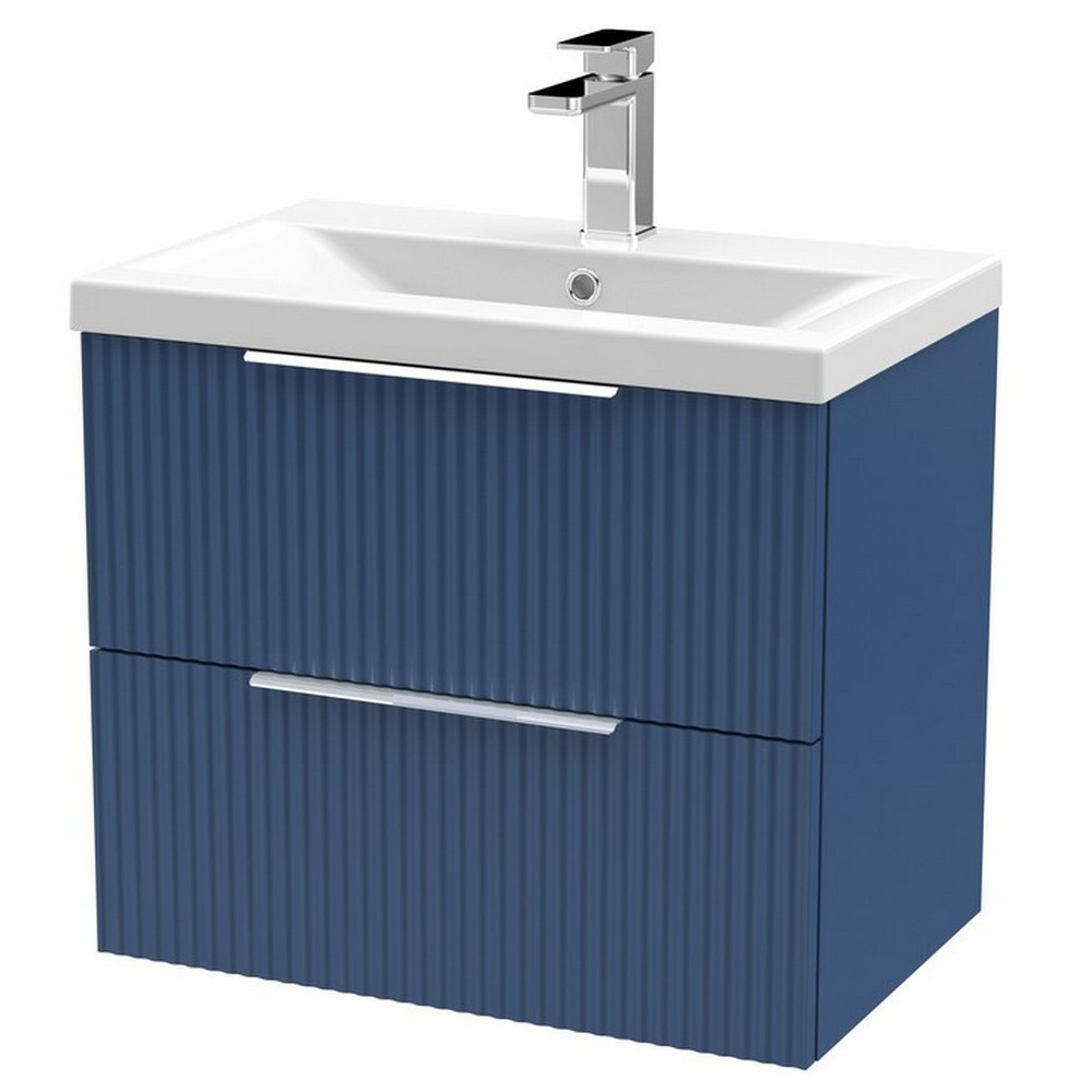 Hudson Reed Fluted Wall Hung Two Drawer 600mm Cabinet and Basin Satin Blue