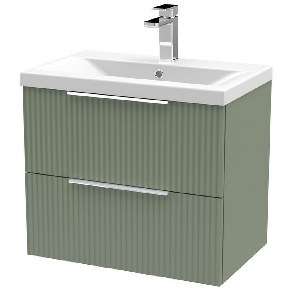 Hudson Reed Fluted Wall Hung Two Drawer 600mm Cabinet and Basin Satin Green
