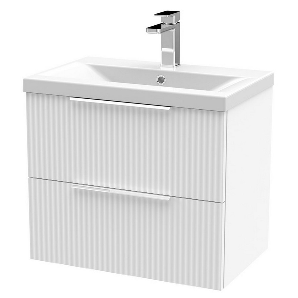 Hudson Reed Fluted Wall Hung Two Drawer 600mm Cabinet and Basin Satin White