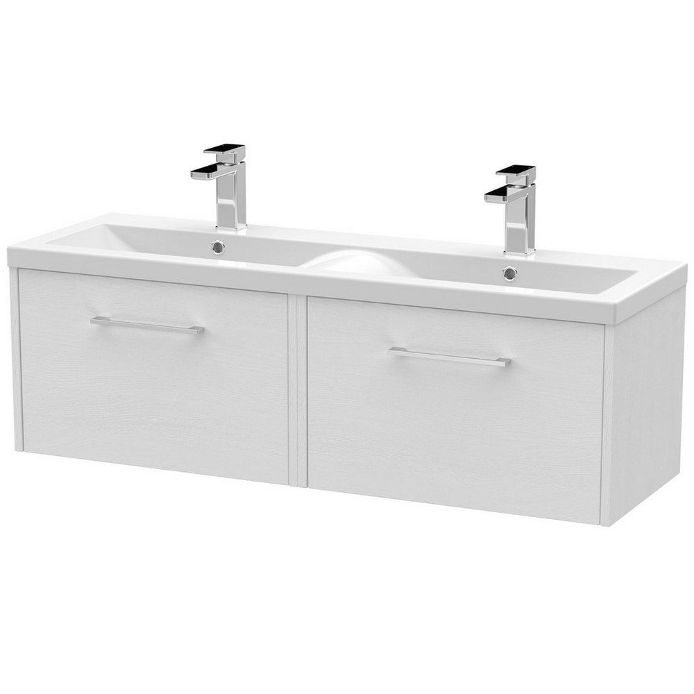 Hudson Reed Juno 1200mm Two Drawer Twin Cabinet and Basin White Ash