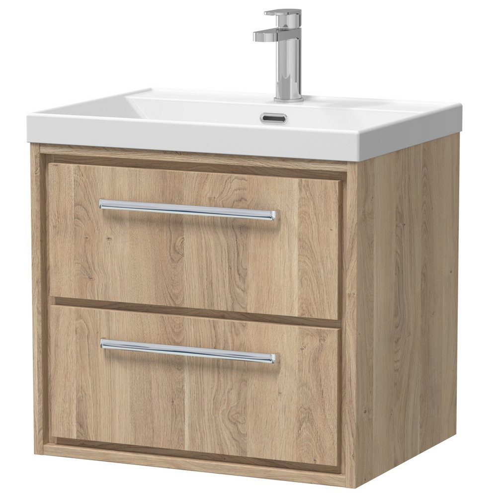 Hudson Reed Lille Bleached Oak 600mm Wall Hung Double Drawer Vanity Unit