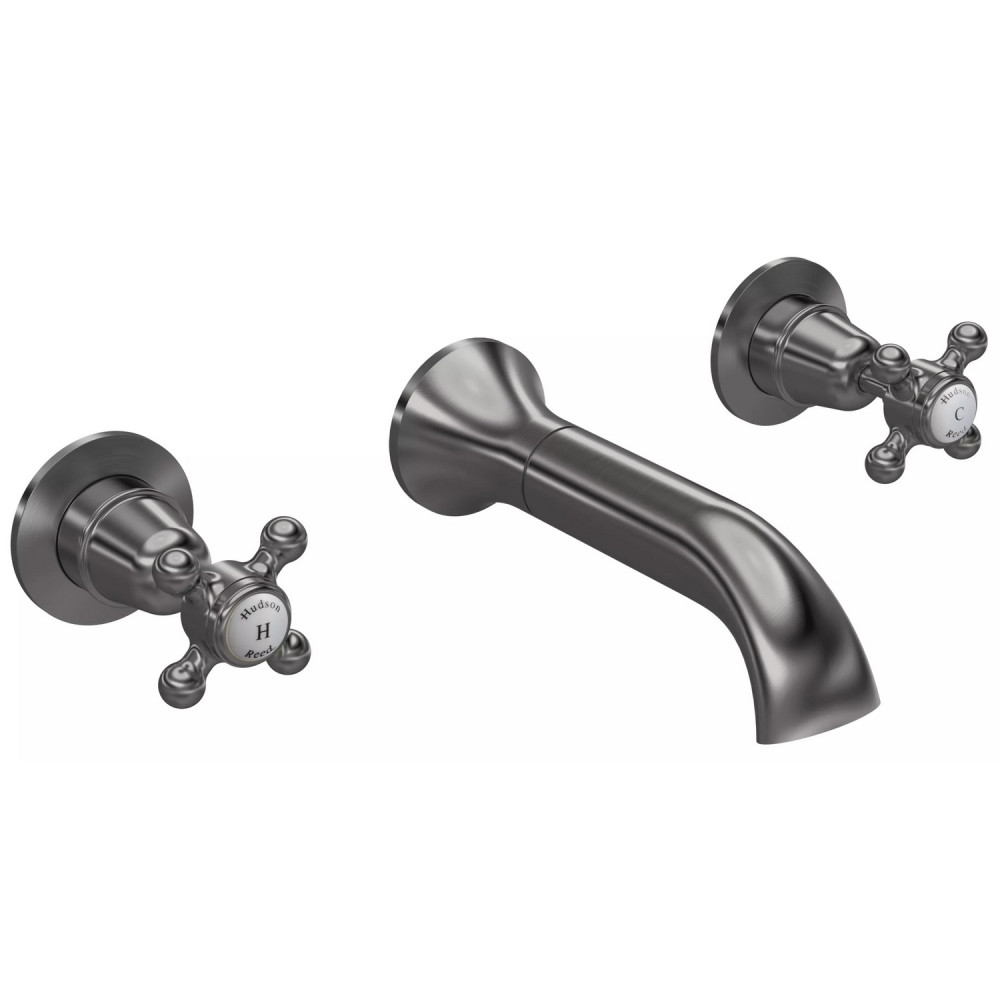 Hudson Reed Topaz Crosshead Dome 3TH Brushed Pewter Wall Mounted Bath Filler