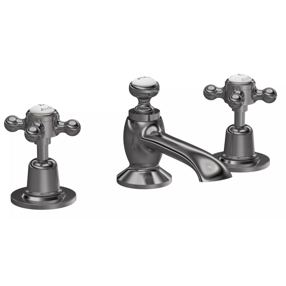 Hudson Reed Topaz Crosshead Dome Collar 3TH Brushed Pewter Basin Mixer with Waste