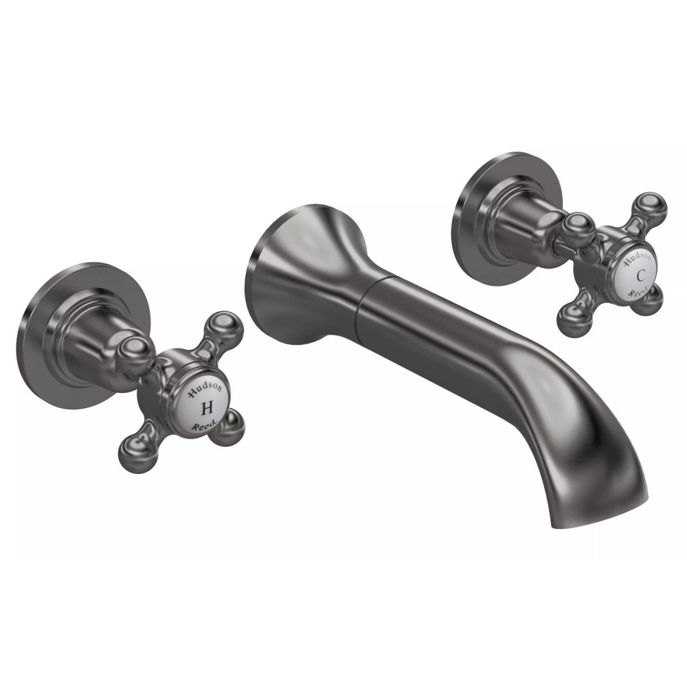Hudson Reed Topaz Crosshead Dome Collar 3TH Brushed Pewter Wall Mounted Basin Mixer