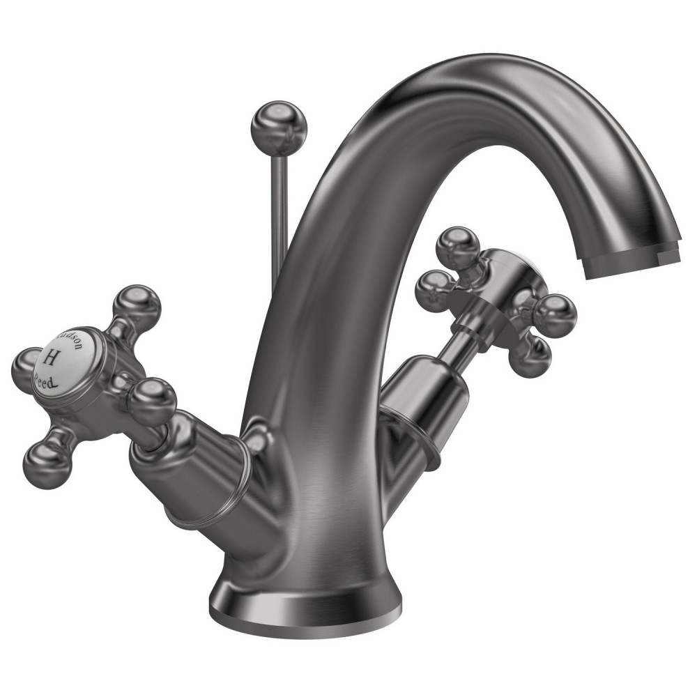 Hudson Reed Topaz Crosshead Dome Collar Basin Mixer with Waste in Brushed Pewter