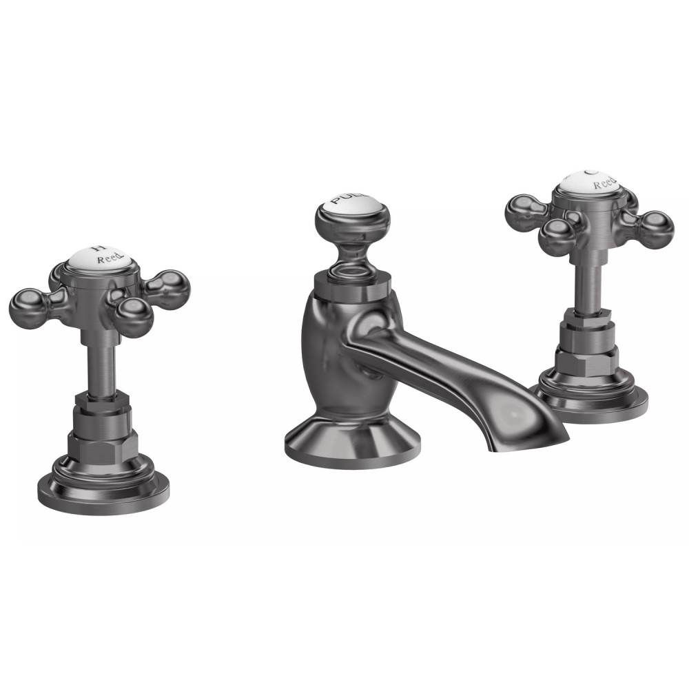 Hudson Reed Topaz Crosshead Hexagonal Collar 3TH Brushed Pewter Basin Mixer with Waste