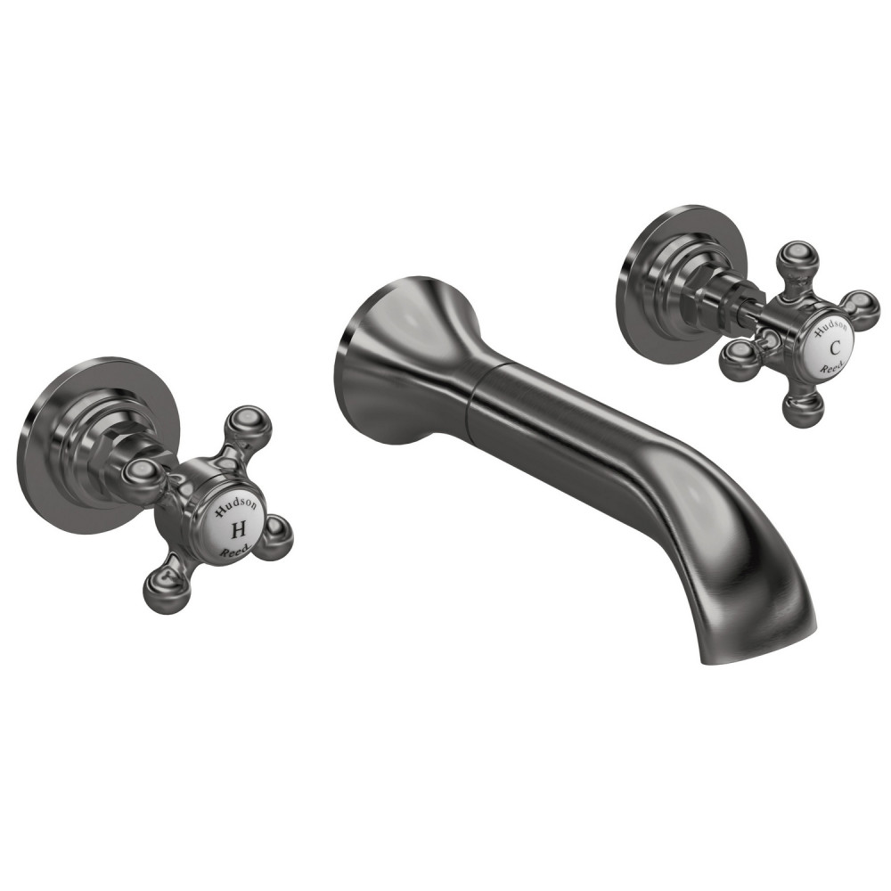 Hudson Reed Topaz Crosshead Hexagonal Collar 3TH Brushed Pewter Wall Mounted Basin Mixer