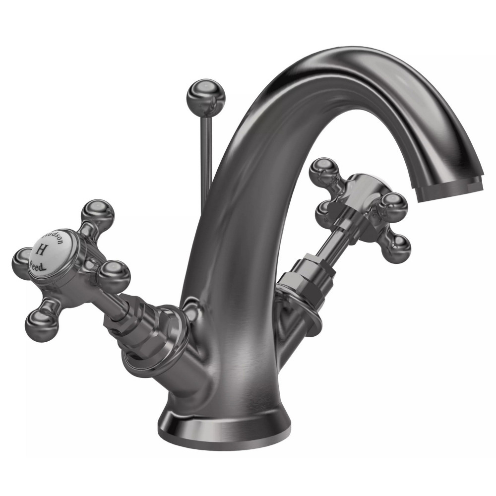 Hudson Reed Topaz Crosshead Hexagonal Collar Basin Mixer with Waste in Brushed Pewter