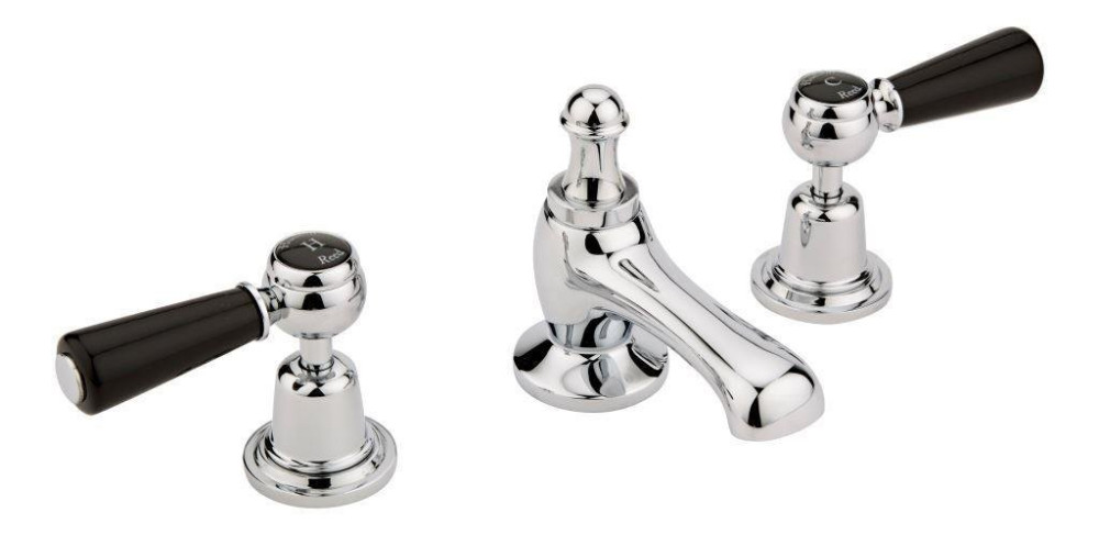 Hudson Reed Topaz Dome Collar 3 Tap Hole Basin Mixer with Black Lever Handles
