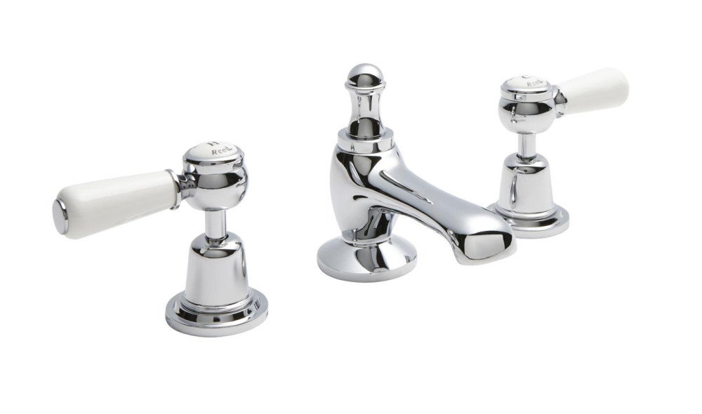 Hudson Reed Topaz Dome Collar 3 Tap Hole Basin Mixer with White Lever Handles